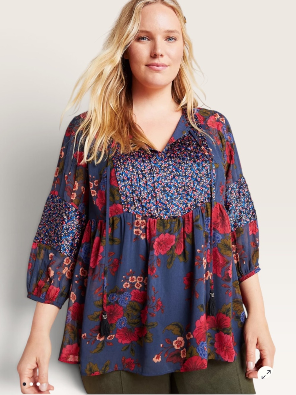 Daniel Rainn Garnet Babydoll Floral Peasant Boho Blouse Size Large